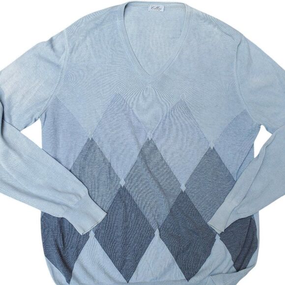 Cellini Mens sz XL/56 100% Cotton V Neck Argyle Sweater lightweight preppy Italy - Picture 1 of 3